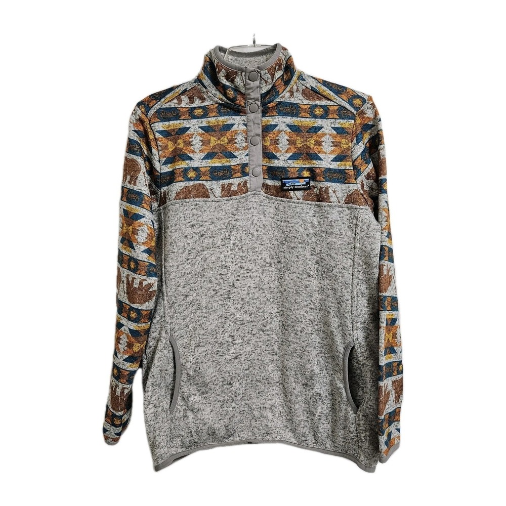 Simply Southern Aztec Pullover Sweatshirt Womens Medium Gray Mock Neck Jeep Bear